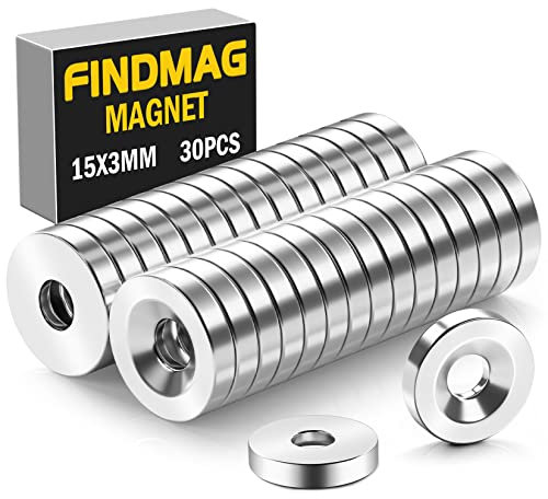 FINDMAG Neodym Magnete Stark, 30 Stück 15 mm x 3 mm Magnete mit Löchern, Kühlschrankmagnete, Magnete für Magnettafel, Magnete für Whiteboard, Kleine Magnete, Magnete für Wand, Bretter, Werkzeuge, DIY