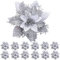 Weihnachten Glitzer Weihnachtsstern Blumen, 12 Stück Künstliche Blumen Dekoration mit Ornament Clips und Stielen, Glitzer Weihnachtsstern Weihnachtsbaum Dekor für Fenster Girlande Dekor(Silber)