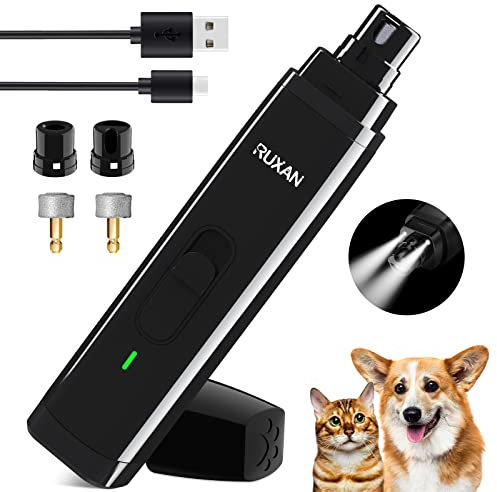 RUXAN Krallenschleifer für Hunde & Katzen mit 2 LED, Haustier Nagelfeile Hundekrallen Elektrisch Leise Wiederaufladbare mit USB Pfotenpflege Nagelknipser für Große, Mittelgroße und Kleine Hunde