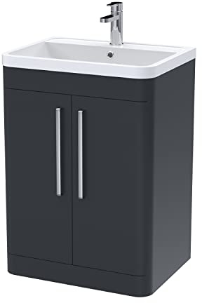 nuie FPA1410 Parade Modern Bathroom Floor Standing 2 Door Vanity Basin Cabinet with Polymarble Basin, 600mm, Soft Black