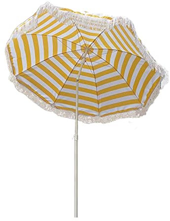YFZNWHX Parasol De Jardin Ø1.6M, Parasol De Plage Rayé Jaune Blanc avec Pompon, Parasol Rond Inclinable, Réglable en Hauteur, 8 Arêtes en Fibre De Verre