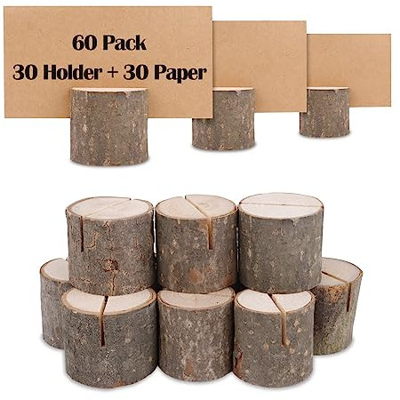 TACYKIBD 30 Stück Tischkartenhalter Rustikales Holz mit Holzrinde, Rustikale Holz Tischkartenhalter mit Kraft Papier Karten, Platzkartenhalter Memohalter Kartenhalter für Hochzeitsfeier Dekoration