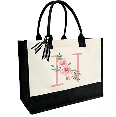 JOJHDR Strandtasche aus Segeltuch mit aufgedrucktem Buchstaben, personalisiertes Geschenk für Frauen, Mutter, Freunde, Lehrer und Brautjungfern, N, Small
