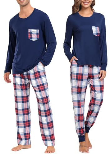 SWOMOG Weihnachten Schlafanzug Buffalo Plaid Pyjama Hose mit Taschen Langarm Oberteile Paare & Familie Pjs