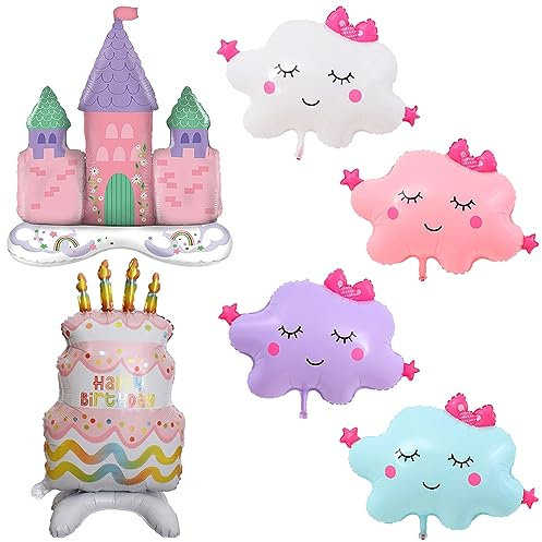 6 Stück Happy Birthday Luftballons Schloss Helium Folienballons Tortenförmiger Heliumballon Wolke Figure Mylar Ballon Set für Mädchen Geburtstagsfeier Babydusche Jahrestag Party Dekoration