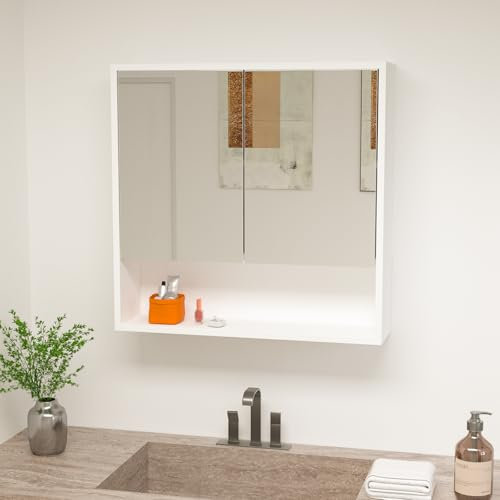 Msutree 2 Türen Spiegelschrank Bad Wandmontierter Schrank Badspiegel mit ablage Platzsparender Holz badschrank mit Spiegel, Medizinschrank, Hängeschrank, Badspiegel (60CM ohne Licht)