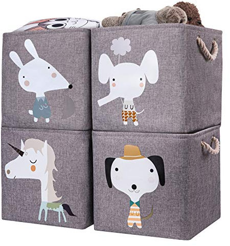 AXHOP Aufbewahrungsbox Kinder 4er Set 28x28x28 cm faltbare Aufbewahrungskorb kinder für Regal. Ideal für Kallax einsatz, Spielzeugkiste, Spielzeug, Bücher, Kinderzimmer.Graues Einhorn