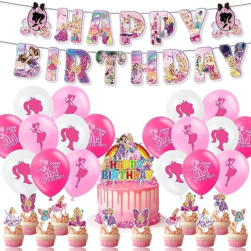 Pink Girl Birthday Party Decorations Supplies for Girls: Banner, Balloons, Cake Toppers, Cupcake Toppers, Ribbon, Cake Decorations