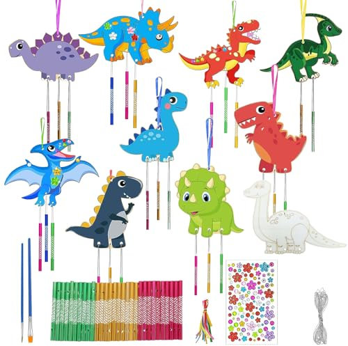10 Stück Dinosaurier Windspiel Bastelset Kinder Holz,Dinosaurier Windspiel Bastelset DIY,Bastelhandwerk zum Bemalen Dino Kreativset,DIY Handwerk Klangspiel für Jungen Mädchen Geschenke Bastelarbeiten