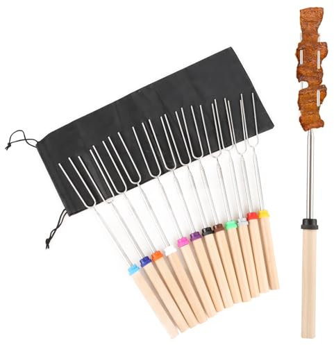 AKOLAFE 15 Stück Stockbrot Spieße Teleskop Marshmallow Spieße Grillspieße Edelstahl mit Aufbewahrungstasche 31-81cm Lagerfeuer Grillgabel Stöcke mit holzgriff 12 Farben für Camping Grill, Barbecue
