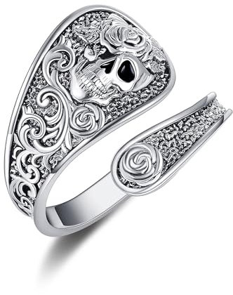 POPLYKE 925 Sterling Silver Skull Spoon Ring Vintage Rose Flower Rings Boho Adjustable Open Ring Skull Jewelry Gifts for Women