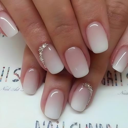 MouyouGlow Press on Nails Kurz,Square Rosa Ombre Weiß 3D Rhinestones Hochzeit Fake Nails Kunstnägel mit Nagelkleber,Pink White Gradient Künstliche Fingernägel …