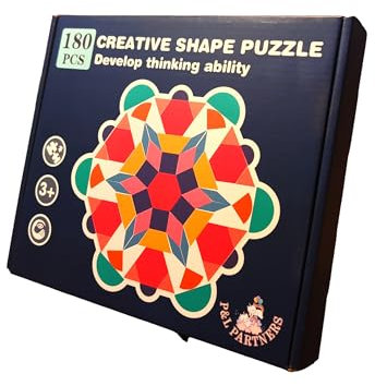 P&L Partners Montessori Wooden Puzzle with Geometric Shapes for 3+ Year Olds | Educational 180 Piece Tangram Toy Puzzle with 24 Design Cards | Fine Motor Skills, Preschool Learning Activities |