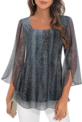 Plus Size Tops for Women UK 3/4 Sleeve Dressy Tops for Evening Wear Chiffon Dress Shirts Versatile Gorgeous Wedding Womens Summer Tops Ladies Tunic Blouses for Women UK Black 3XL