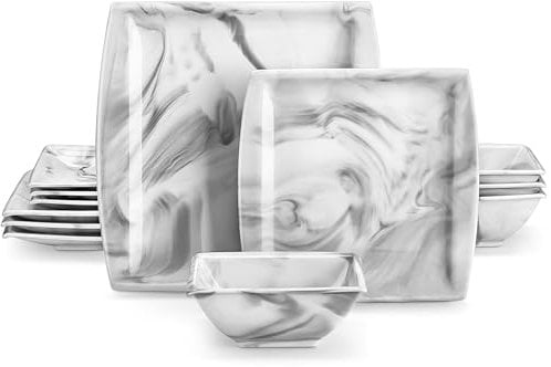 MALACASA 12 Piece Marble Grey Porcelain Dinnerware Sets for 4, Series BLANCE