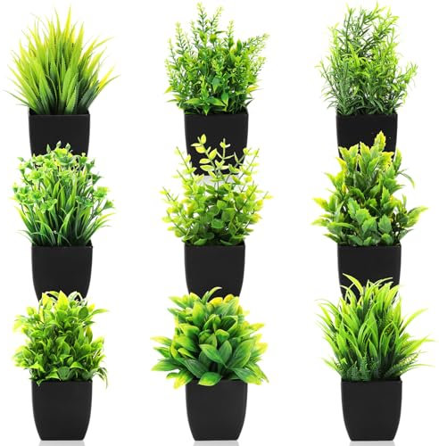 ​ZENFUN 9 Pack Mini Artificial Potted Plants in Black Pot, Faux Greenery Plant for Indoor Home Office Decor, Fake Small Plants Set for Bathroom Bedroom Farmhouse Desk Decorations​​