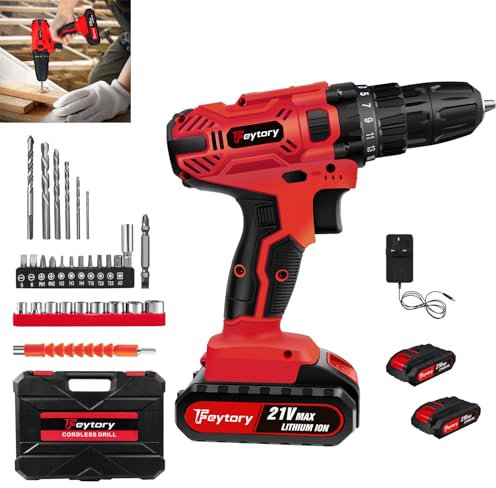 Cordless Drill Driver 21V, 29Pcs Electric Screwdriver Set with 2 Batteries, Power Drill with Charger & Carry Case, Red Electric Combi Drill Kit 25+1 Torque, LED Work Light, 2 Variable Speeds