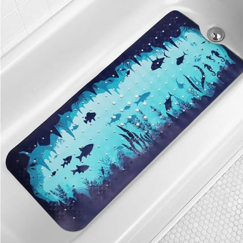 Blue Bathtub Mat Non Slip 40x16in Extra Long Bath Mat for Tub Funny Cute Ocean Animals Anti Slip Shower Mat for Bathroom with Large Drain Holes and Suction Cups Bath Mats and Bathtub Decor