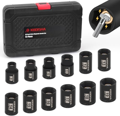 KBOISHA 3/8 Inch Drive Magnetic Socket Set,12-Piece Metric Socket Set 8-19 mm 6 Point Impact Socket Set Cr-V Steel Socket Set