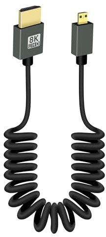 RIIEYOCA 8K Kurzes Mikro-HDMI zu HDMI Spiralkabel, 48Gbps High Speed HDMI2.1 Unterstützt HDR, 8K@60Hz, 4K@120Hz, Kompatibel mit Kamera, Camcorder, PC, Monitor (Regelmäßig)