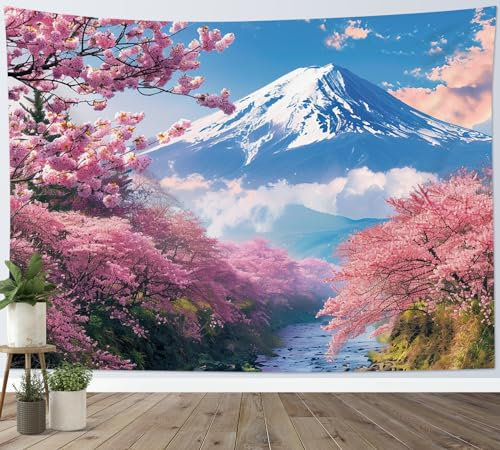 LB Tapisserie Murale Rose Floral Tenture Murale Cerisier en fleurs par la montagne japonaise Couverture Murales Paysage de la nature Tapisseries Decoration pour Maison Salon Chambre Dortoir,235x180cm