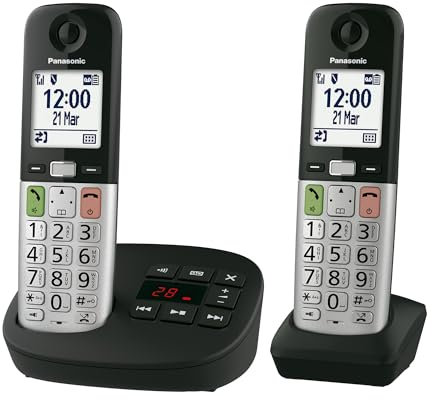 Panasonic KX-TGU432EB Digital Cordless Landline Phone with Answering Machine, Base Unit & 2 Handsets, LCD Display, Fav Call, Torchlight, Hearing Aid Compatible, Black & Silver