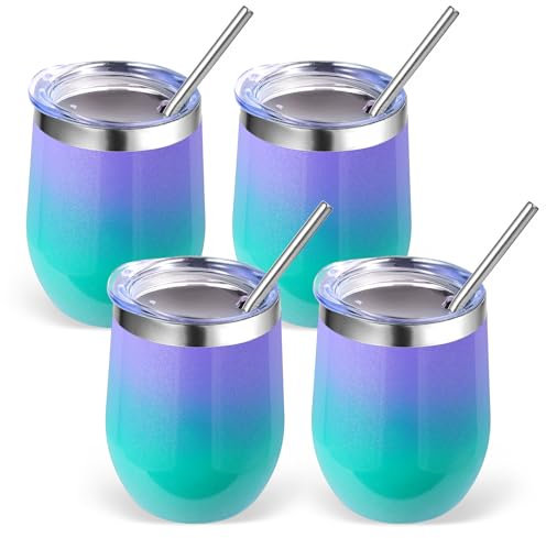 Volhoply 12oz Edelstahl Weinbecher mit Deckel Bulk 4 Pack,350ml Doppelwandige Vakuum Stemless Weingläser,Metall Reise-Kaffeebecher mit Strohhalm,Isolierte Tasse Geschenke für Frauen(Lila Grün,4 Set)