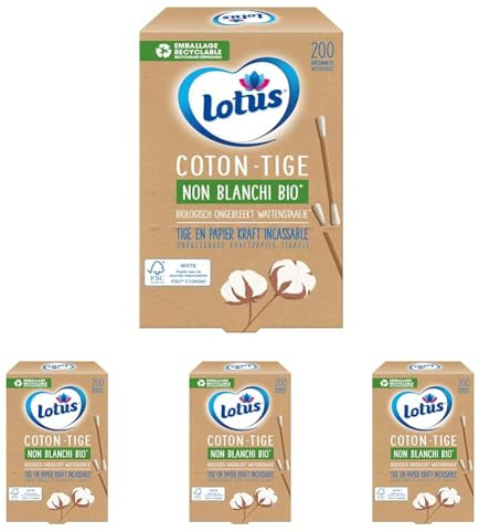 Lotus Cotons-Tiges En Papier Et Coton Non-Blanchi Bio - Boîte 200 Bâtonnets (Lot de 4)