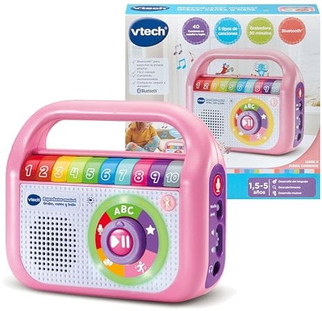 VTech Lecteur Musical enregistre Chant et Danse Rose, Radio pour Enfants avec Bluetooth, enregistreur, Jouet pour Enfants à partir de 1,5 Ans, Version espagnole