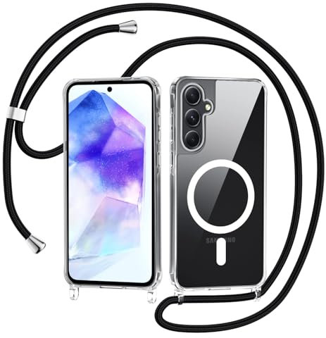 Coque pour Samsung Galaxy A55 5G avec Cordon, Étui Transparent Magnétique Housse avec Collier Réglable Résistant Silicone Antichoc TPU + Dur PC, Chaîne Noir