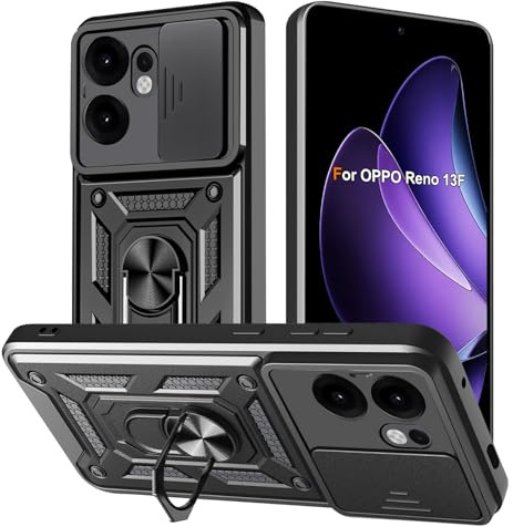 Yutwo Handyhülle für Oppo Reno 13 F 5G, Hülle für Oppo Reno 13 F 5G Kameraschutz Schutzhülle 360 Metall Ring Halter Stoßfest Handyhülle - Schwarz