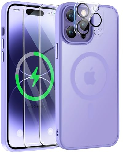 ORETECH Magnetic for iPhone 14 Pro Max Case, Matt Back Light Purple | Compatible with Magsafe, 2 Pack Screen Protector and 1 Camera Protector, Anti Yellowing Ultra Thin Military Grade Shockproof