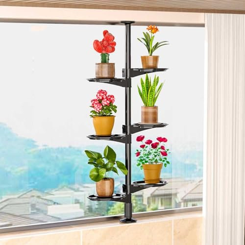 6-Tier Indoor Tall Plant Stand Plant Pole Spring Tension Rod Expandable Flower Pots Display Rack Stand Hanger Metal Corner Storage Shelf Creative High Flower Racks