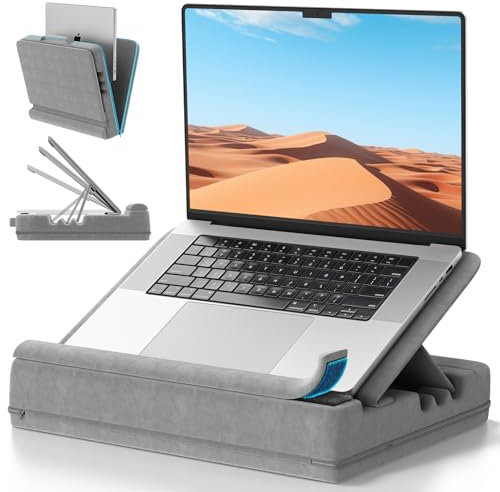 Laptop Knee Tray for Lap with Cushion, Adjustable Laptop Pillow for Bed/Couch, Foldable Tablet Pillow Holder for Lap, Sofa and Desk for up to 15'' PC/Mac, Tablet, iPad, Kindle, Gray