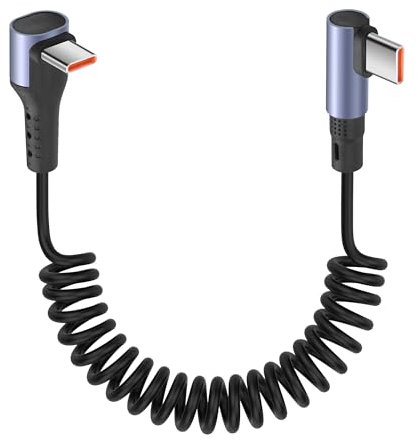 YACSEJAO Cable USB C a USB C en espiral de 90 grados 65 W 1 M/3,2 FT cable USB tipo C retráctil para coche, soporta carga rápida de 6 A y transferencia de datos (ángulo recto)