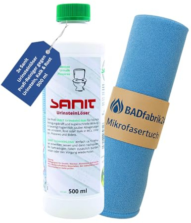 BADfabrik24 Sanit Urinsteinlöser 3 x 500 ml mit Mikrofasertuch 40 x 40 cm gegen Urinstein, Kalk und Rost für WC, Urinal, Bidet und Waschbecken