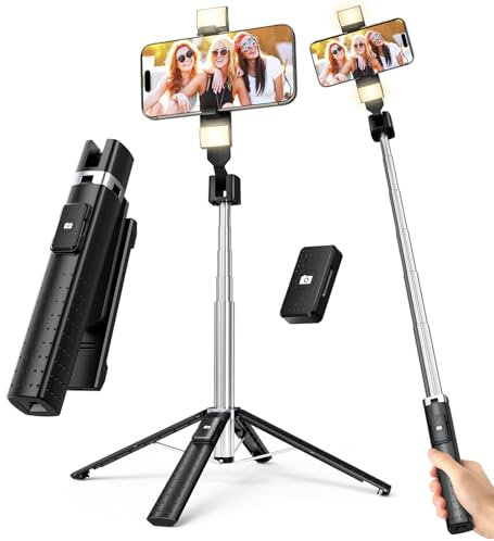 41” Selfie Stick Tripod with 2 Rechargeable Fill Light, Extendable Tripod with Detachable Remote, Portable Cell Phone Tripod Stand, Compatible with iPhone & Android, Samsung, Smartphones
