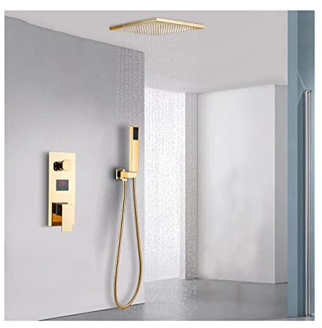 GLETSF Duschsystem-Befestigung Gold, Deckenmontierte Regenduschen-Armaturen-Sets Komplett Mit Dusche Und Handbrause Und Eingebetteter Box, 16 Zoll