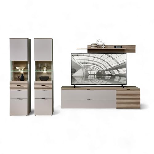 Stella Trading INA Wohnwand Komplett-Set in Kaschmir, Riva Eiche Optik FSC-Zertifiziert - Moderne Schrankwand 5-teilig mit LED-Beleuchtung für Ihr Wohnzimmer - 320 x 200 x 44 cm (B/H/T)