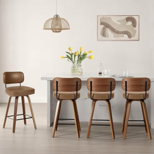 Bekrvio Lot de 4 tabourets de bar pivotants à 360° avec dossier, 65 cm de hauteur d'assise - En cuir synthétique et bois massif - 4 pieds - Pour cuisine et comptoir - Chaise de bar pivotante avec
