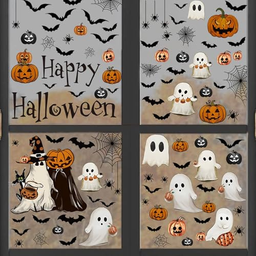 DazzJoy 6 Blätte Halloween Fensterbilder Selbstklebend Horror Deko, Fensterbilder Halloween Kürbis Geister Deko, Spinnennetz Fledermäus Fensterdeko, Halloweene Deko Geister Fenster Aufkleber Partydeko
