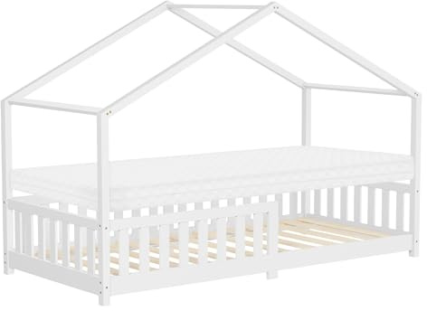 ML-Design Kinderbett Hausbett 90x200 cm Weiß mit Matratze H:10cm, Holzbett mit Rausfallschutz, Lattenrost, Spielbett aus Kiefernholz für Kinder, Montessori Bodenbett Bettgestell Bettenhaus Juniorbett