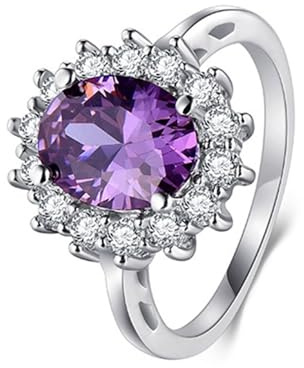 Eheringe Weissgold Einzeln Damen 14K, Eheringe Deko Hochzeit Luxusblume mit Lila Ovalschliff Amethyst Größe 62 (19.7)