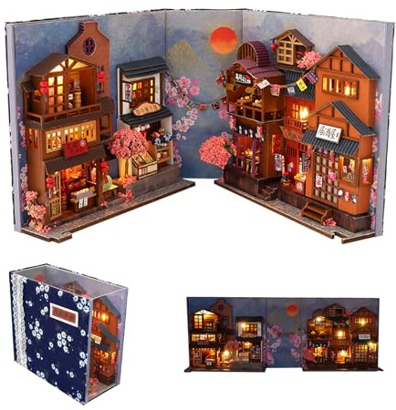 DIY Book Nook Kit, Book Nook Japan, 3D Puzzle Holz Buchstütze, Book Nook Sakura mit LED Leuchten und Möbeln, Puppenhäuser Miniatur Haus Kit, für Bücherregal Deko und Kreativen Geschenken
