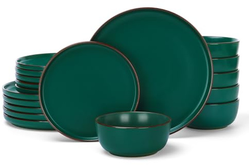 Richmount Mercury Plates and Bowls Sets, Speckled 18-Piece Plate Set, Stoneware Dinner Set for 6 with Dinner Plates, Dessert Plates, Cereal Bowls, Microwave & Dishwasher Safe, Dark Green