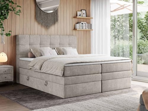 MKS MEBLE Boxspringbett 180x200 mit Bettkasten und Kopfteil, Bett mit Matratze H3 und Topper Visco - Boxbett - Beige Struktur - ERNI King