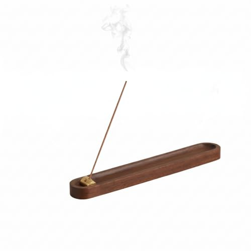 Räucherstäbchen Halter aus Holz mit Ascheauffangschale, 18,3 cm Hoher Incense Holder Räuchergefäß mit 3 Löchern aus Messing, ideal für Meditation,Yoga,und Dünne & Dicke Stäbchen (Walnussholz Farbe)