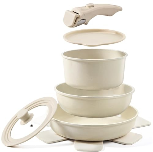 Warmiehomy 8-Piece Non-Stick Pan Set with Detachable Handle, Cream White | Aluminium cookware with ceramic coating for induction, gas, electric and ceramic hobs, stackable for compact storage
