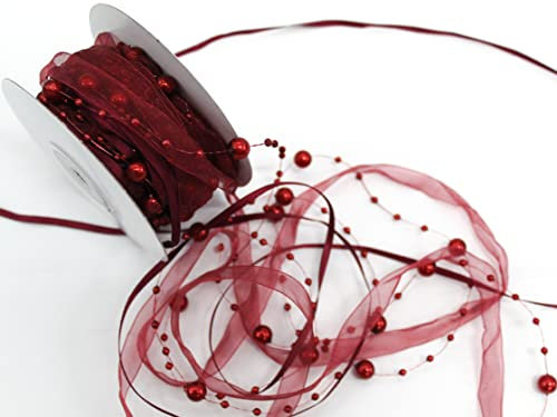 CaPiSo 10m Schleifenband 3-teilig mit Organza und 4mm Perlen Dekoband Trendyband Perlenband Perlen am Band (Bordeaux)