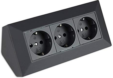 Steckdose Schwarz für Küche und Büro - Ecksteckdose aus hochwertigem Kunststoff ideal für Arbeitsplatte, Tischsteckdose oder Unterbausteckdose mit 3-fach Steckdosenelement Küchensteckdose